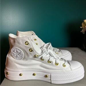 Converse Chuck Taylor Studded Platform White High-Tops with Gold Eyelets